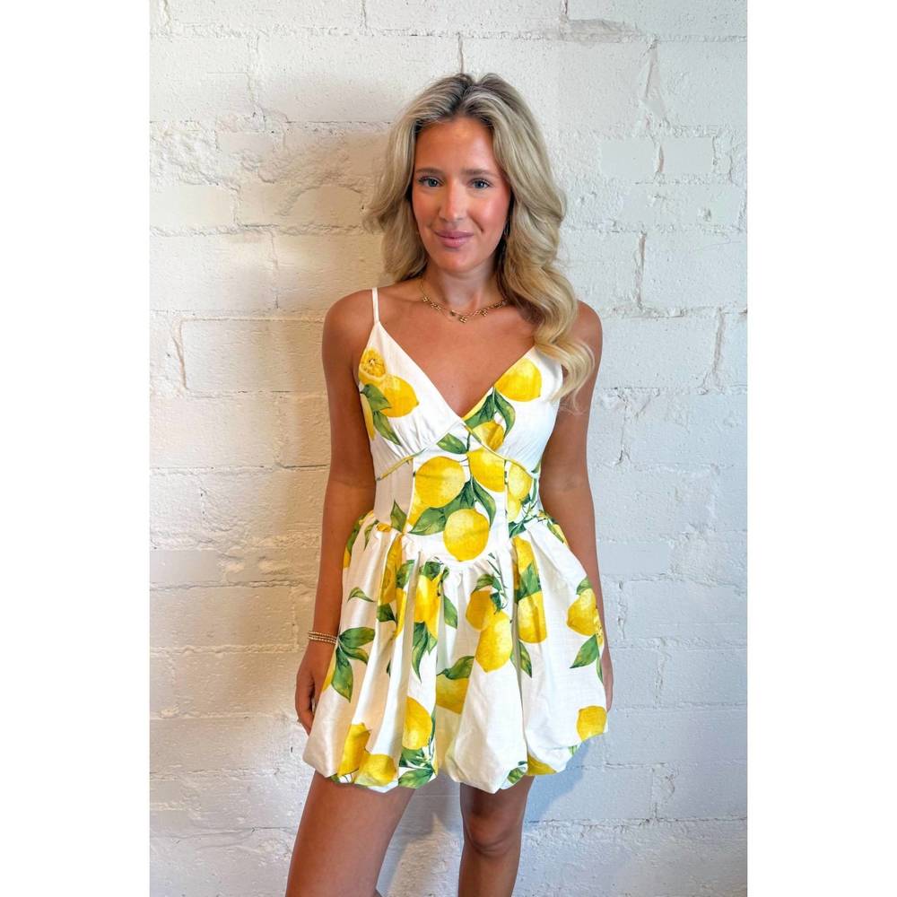 White Lemon Print Mini Dress with Spaghetti Straps
